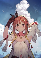 1girl atelier_(series) atelier_ryza atelier_ryza_1 belt blue_sky blush breasts brown_belt brown_gloves cleavage closed_mouth cloud cloudy_sky gloves jacket jewelry leather leather_belt leather_gloves necklace outdoors portrait reisalin_stout single_glove sky sleeveless sleeveless_jacket smile solo star_(symbol) star_necklace toridamono upper_body white_headwear yellow_jacket