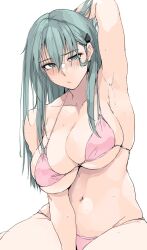 1girl arm_up armpits bare_shoulders bikini blush breasts cleavage collarbone green_eyes green_hair hair_ornament hairclip highres kantai_collection large_breasts long_hair looking_at_viewer navel pink_bikini solo suzuya_(kancolle) swimsuit zekkyon