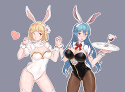 Rule 34 | 2girls, absurdres, animal ears, blonde hair, blue hair, blush, breasts, cleavage, covered navel, cup, djeeta (granblue fantasy), drinking glass, fake animal ears, flower, granblue fantasy, grey background, hair flower, hair ornament, heart, highres, holding hands, large breasts, multiple girls, pantyhose, playboy bunny, rabbit ears, rabbit tail, sage (granblue fantasy), tail, therese (granblue fantasy), tray, unkobako, wine glass, wrist cuffs