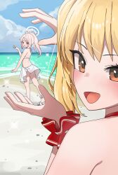 Rule 34 | 2girls, absurdres, ahoge, alternate costume, ankle scrunchie, beach, bikini, blonde hair, blue archive, blue sky, brown eyes, cloud, commentary request, day, halo, highres, looking at viewer, momocadraw, multiple girls, natsu (blue archive), ocean, open mouth, pink eyes, pink hair, red bikini, sand, sandals, sarong, scrunchie, side ponytail, sky, smile, sunlight, swimsuit, water, white bikini, white sarong, wrist scrunchie, yoshimi (blue archive)