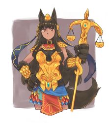Rule 34 | 1girl, akiosketch, alternate costume, animal ears, anubis (monster girl encyclopedia), armor, balance scale, belt collar, black hair, boobplate, breastplate, breasts, closed mouth, collar, commission, contrapposto, cropped legs, egyptian, fur, gold armor, hair ornament, highres, holding, large breasts, looking at viewer, monster girl, monster girl encyclopedia, pauldrons, pelvic curtain, purple background, red eyes, scale armor, shoulder armor, snake hair ornament, solo, standing, tail, vambraces, weighing scale, wolf ears, wolf tail