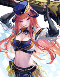 Rule 34 | 1girl, arknights, arms up, bagpipe (arknights), bagpipe (queen no. 1) (arknights), black gloves, blue eyes, breasts, cleavage, commentary request, crop top, elbow gloves, fingerless gloves, gloves, highres, horns, large breasts, long hair, midriff, navel, official alternate costume, orange hair, smile, solo, stomach, u jie, upper body