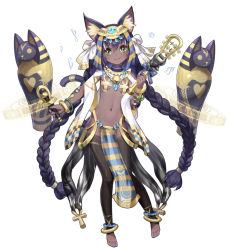 Rule 34 | 1girl, :3, animal ears, ankh, bastet (clover theater), black hair, black pantyhose, bracelet, braid, breasts, cat ears, cat tail, closed mouth, clover theater, commentary request, dark-skinned female, dark skin, full body, green eyes, hair between eyes, hair ribbon, holding, holding wand, jewelry, long hair, looking at viewer, musical note, nail polish, navel, observerz, official art, pantyhose, pelvic curtain, ribbon, sarcophagus, simple background, small breasts, solo, stomach, tail, toeless legwear, toenail polish, toenails, twin braids, twintails, very long hair, wand, white background, white ribbon