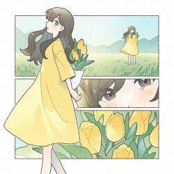 Rule 34 | 1girl, ^ ^, blush, border, bouquet, brown eyes, brown hair, closed eyes, day, dress, flower, grass, grasslands, highres, holding, holding behind back, holding bouquet, long hair, looking at viewer, meadow, multiple views, nahara saki, on grass, on ground, open mouth, original, outdoors, outline, outside border, profile, sidelocks, sleeves past elbows, smile, standing, tearing up, tulip, white border, white outline, wind, yellow dress, yellow flower