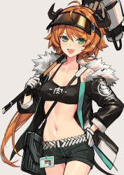 Rule 34 | 1girl, :d, ahoge, arknights, bag, belt, black jacket, black shorts, black tank top, breasts, cleavage, collarbone, commentary, cow horns, cowboy shot, croissant (arknights), crop top, fangs, fur-trimmed jacket, fur trim, gloves, green eyes, grey background, hair between eyes, hammer, hand on own hip, highres, holding, holding weapon, horns, jacket, long hair, looking at viewer, medium breasts, midriff, navel, open clothes, open jacket, open mouth, orange hair, over shoulder, penguin logistics logo, ponytail, short shorts, shorts, shoulder bag, sigm@, simple background, sledgehammer, smile, solo, strap, tank top, translated, visor cap, weapon, weapon over shoulder, white gloves