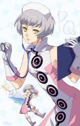 Rule 34 | 1girl, absurdres, bob cut, boots, clipboard, closed mouth, commentary request, dress, elizabeth (persona), gloves, grey background, grey hair, hat, highres, holding, holding clipboard, holding stethoscope, holding syringe, large syringe, lips, looking at viewer, nurse, nurse cap, official alternate costume, oversized object, persona, persona 3, persona q: shadow of the labyrinth, persona q (series), pink lips, short hair, simple background, smile, solo, stethoscope, syringe, white dress, white footwear, white gloves, white hat, yellow eyes, yokaroni