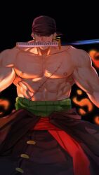 Rule 34 | 1boy, abs, alternate pectoral size, bandana, bara, bare arms, bare shoulders, black background, black bandana, black coat, coat, colored skin, earrings, fighting stance, fire, glowing, glowing eyes, green eyes, green hair, haramaki, highres, holding, holding sword, holding weapon, huge pectorals, jewelry, looking at viewer, male focus, muscular, muscular male, navel, nipples, one eye closed, one piece, pectorals, red sash, roronoa zoro, sash, scar, scar across eye, scar on chest, scar on face, scratches, serious, short hair, simple background, single earring, solo, standing, stomach, strongman waist, sweetdou3, sword, tan, teeth, topless, topless male, veins, veiny arms, weapon