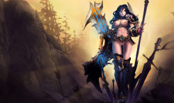 Rule 34 | arrow (projectile), black hair, blue eyes, bottomless, breasts, league of legends, long hair, nipples, nude filter, polearm, pussy, sivir, spear, sword, third-party edit, topless, uncensored, weapon