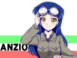 Rule 34 | 1girl, anzio military uniform, blue hair, blush, brown eyes, character request, girls und panzer, goggles, goggles on head, long hair, removing goggles, rusher, smile, solo, white background
