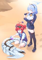 Rule 34 | 2girls, :q, ako (blue archive), bell, binah (blue archive), black thighhighs, blue archive, blue eyes, blue hair, blush, braid, breasts, clipboard, collared shirt, day, double bun, eyewear on head, footprints, garter straps, gloves, hair between eyes, hair bun, hairband, halo, highres, holding, holding clipboard, kyuuri (miyako), long sleeves, maki (blue archive), medium breasts, multiple girls, neck bell, outdoors, parted lips, pleated skirt, red hair, sand, shirt, short sleeves, skirt, small breasts, spray can, squatting, standing, sunglasses, thighhighs, tongue, tongue out, twin braids, white shirt, white skirt