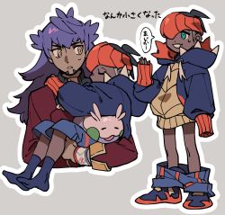 Rule 34 | 2boys, aged down, black hair, black hoodie, clothes pull, commentary request, creatures (company), dark-skinned male, dark skin, dynamax band, earrings, facial hair, game freak, gen 6 pokemon, goomy, gym leader, highres, hood, hoodie, jewelry, leon (pokemon), long hair, male focus, multiple boys, nintendo, orange headwear, outline, oversized clothes, pahyon, pokemon, pokemon (creature), pokemon swsh, purple hair, raihan (pokemon), shoes, shorts, shorts pull, sleeves past wrists, smile, speech bubble, translation request, yellow eyes