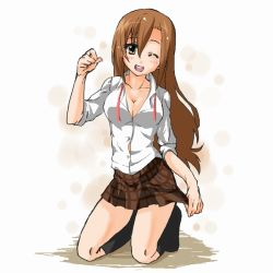 Rule 34 | 1girl, breasts, brown eyes, brown hair, cleavage, female focus, full body, gradient background, kneeling, long hair, looking at viewer, one eye closed, open mouth, school uniform, seitokai yakuindomo, shichijou aria, shirt, skirt, smile, solo, undressing, uniform, white background, white shirt, wink