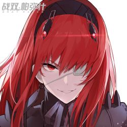 Rule 34 | 1girl, copyright name, earrings, eyepatch, grin, hairband, jewelry, logo, long hair, looking at viewer, medical eyepatch, pandea work, portrait, punishing: gray raven, red eyes, red hair, simple background, smile, solo, vera (punishing: gray raven), white background