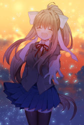 Rule 34 | 1girl, :d, backlighting, bad id, bad pixiv id, black thighhighs, blazer, blue skirt, blurry, blush, bow, breasts, brown hair, closed eyes, clothes lift, coconut (11832348), cowboy shot, depth of field, doki doki literature club, facing viewer, foreshortening, grey jacket, hair between eyes, hair bow, hair intakes, heart, jacket, long hair, long sleeves, medium breasts, miniskirt, monika (doki doki literature club), neck ribbon, night, open mouth, outstretched arm, outstretched hand, pleated skirt, ponytail, reaching, reaching towards viewer, red ribbon, ribbon, round teeth, school uniform, shirt, sidelocks, skirt, skirt lift, sky, smile, solo, standing, star (sky), starry sky, teeth, thighhighs, vest, white bow, white ribbon, wind, wind lift