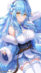 Rule 34 | 1girl, belt, blue coat, blue flower, blue hair, blue skirt, blush, braid, breasts, brown belt, cleavage, cleavage cutout, closed mouth, clothing cutout, coat, cowboy shot, crossed bangs, flower, guchico, hair between eyes, hair flower, hair ornament, hand up, hat, highres, hololive, large breasts, leather belt, legs together, long hair, long sleeves, looking at viewer, miniskirt, multicolored hair, nail polish, official art, open clothes, open coat, pleated skirt, pointy ears, shirt, simple background, skirt, smile, solo, streaked hair, thighhighs, virtual youtuber, watermark, white background, white hat, white shirt, white thighhighs, yellow eyes, yukihana lamy, zettai ryouiki