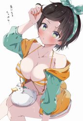 Rule 34 | :/, absurdres, animal, animal on lap, arm up, baseball cap, bikini, bird, black hair, blush, bow, breasts, cleavage, closed mouth, collarbone, drawstring, duck, green eyes, hair bow, hat, highres, hololive, hood, hooded jacket, jacket, kuno (kc9s), large breasts, navel, off shoulder, on lap, oozora subaru, oozora subaru (hololive summer 2019), polka dot, polka dot bow, red nails, short hair, simple background, sitting, striped bikini, striped clothes, subaru duck, swimsuit, thighs, translation request, virtual youtuber, wet, white background
