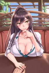 Rule 34 | 1girl, akitsuki karasu, black bra, black hair, blush, bra, breast rest, breasts, breasts on table, brown hair, cleavage, closed mouth, collarbone, couch, dating, dress shirt, green neckwear, hair between eyes, hand grab, high ponytail, highres, holding hands, idolmaster, idolmaster shiny colors, indoors, large breasts, long hair, looking at viewer, necktie, ponytail, pov across table, school uniform, shirase sakuya, shirt, sidelocks, sitting, smile, solo focus, table, underwear, upper body, white shirt, window, yellow eyes