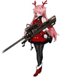 Rule 34 | 1girl, anti-materiel rifle, antlers, bag, bare shoulders, bipod, black pantyhose, buttons, christmas, closed mouth, collared shirt, denel land systems, detached sleeves, dress, eyebrows, full body, fur-trimmed dress, fur-trimmed sleeves, fur trim, girls&#039; frontline, gun, hair over shoulder, hairband, holding, holding gun, holding weapon, horns, left-handed, long hair, long sleeves, looking at viewer, nose, ntw-20, ntw-20 (girls&#039; frontline), ntw-20 (xmas reindeer) (girls&#039; frontline), official alternate costume, official art, pantyhose, personification, pink eyes, pink hair, reindeer antlers, rifle, scope, shirt, sniper rifle, solo, standing, transparent background, trigger discipline, very long hair, weapon