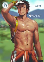 Rule 34 | 1boy, abs, backpack, bag, bara, black eyes, blurry, blurry background, clothes around waist, creatures (company), day, fingerless gloves, game freak, gloves, looking at viewer, male focus, male protagonist (pokemon go), muscular, muscular male, navel, nintendo, nipples, outdoors, parted lips, pectorals, penguin frontier, pokemon, pokemon go, shirt, shirt around waist, short hair, solo, teeth, topless male, visor cap