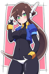 Rule 34 | 1girl, absurdres, aile (mega man zx), black bodysuit, blue jacket, blush, bodysuit, breasts, brown hair, buzzlyears, closed mouth, covered navel, cropped jacket, green eyes, highres, jacket, large breasts, long hair, looking at viewer, mega man (series), mega man zx, mega man zx advent, panties, short sleeves, solo, underwear, v, white panties