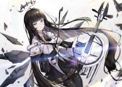 Rule 34 | 1girl, antenna hair, arknights, ascot, belt, belt buckle, belt pouch, black ascot, black belt, black garter straps, black gloves, black hair, black halo, black skirt, black thighhighs, black wings, bow (music), breasts, bright pupils, broken halo, buckle, cello, chinese commentary, closed mouth, collared jacket, commentary request, cowboy shot, dark halo, detached wings, dutch angle, energy wings, floating hair, garter straps, gloves, grey background, grey eyes, grey hair, halo, holding, holding bow (music), holding instrument, instrument, jacket, layered sleeves, lens flare, long hair, long sleeves, looking at viewer, miniskirt, pleated skirt, pouch, rainbow (pixiv 66183854), revision, short-sleeved jacket, short over long sleeves, short sleeves, simple background, skirt, small breasts, smile, solo, staff (music), standing, straight hair, strap, thighhighs, very long hair, virtuosa (arknights), white jacket, white pupils, wide sleeves, wing collar, wings, zettai ryouiki