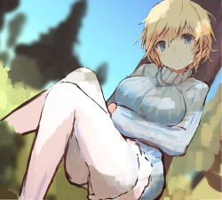 Rule 34 | 10s, 1girl, blonde hair, blue eyes, brave witches, breasts, female focus, grass, large breasts, long sleeves, magryo763, nikka edvardine katajainen, pantyhose, ribbed sweater, short hair, sitting, solo, strike witches, sweater, tree, white pantyhose, world witches series