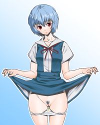 Rule 34 | 1girl, abemorioka, ayanami rei, blue background, blue hair, blush, breasts, cleft of venus, clothes lift, dress, dress lift, female focus, female pubic hair, gradient background, lifted by self, looking at viewer, neon genesis evangelion, panties, panty pull, pee stain, pubic hair, pussy, red eyes, red neckwear, red ribbon, ribbon, school uniform, short hair, short sleeves, solo, standing, uncensored, underwear, white background