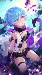 Rule 34 | 1girl, ahoge, alternate eye color, bandeau, bare shoulders, belt, black gloves, black shorts, blue hair, coat, cornelia (girl cafe gun), eyes visible through hair, flat chest, gem, girl cafe gun, gloves, hair between eyes, hair over one eye, highres, looking at viewer, midriff, navel, official art, open clothes, open coat, parted lips, purple eyes, purple gemstone, revealing clothes, scarf, short hair, short shorts, shorts, sleeveless, sleeveless coat, smile, solo, stomach, thigh strap, thighs