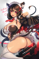 Rule 34 | 1girl, :d, :p, animal ears, armpits, ass, black hair, black panties, breasts, cameltoe, cat ears, cat tail, cleavage, ecell, gun, heart, heart-shaped pupils, high heels, iris yuma, large breasts, long hair, looking at viewer, looking back, maid, open mouth, panties, red eyes, smile, solo, soulworker, symbol-shaped pupils, tail, teeth, thighhighs, tongue, tongue out, underwear, very long hair, weapon, white thighhighs