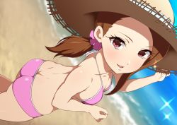Rule 34 | 1girl, ass, beach, bikini, breasts, brown hair, butt crack, collarbone, dutch angle, from behind, hair ornament, hair scrunchie, hat, highres, idolmaster, idolmaster (classic), idolmaster 2, jabara tornado, long hair, looking at viewer, minase iori, open mouth, pink bikini, red eyes, scrunchie, small breasts, smile, solo, sparkle, straw hat, swimsuit