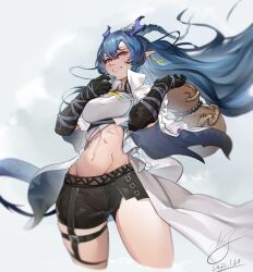 Rule 34 | 1girl, absurdres, arknights, blue eyes, blue hair, blush, braid, coat, cup, dun ji, earrings, elbow gloves, gloves, gourd, highres, holding, holding cup, horns, jewelry, ling (arknights), long hair, long sleeves, pointy ears, shorts, solo, tail, thighs, toned, very long hair, white coat