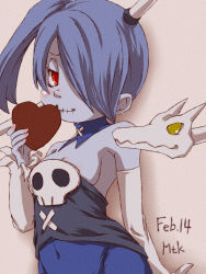 Rule 34 | 1girl, blue hair, blue skin, blush, breasts, candy, chocolate, chocolate heart, colored skin, covered navel, detached collar, detached sleeves, food, hair over one eye, heart, highres, leviathan (skullgirls), looking at viewer, mtk hoshi, red eyes, side ponytail, sideboob, skullgirls, smile, solo, squigly (skullgirls), stitched mouth, stitches, valentine, zombie