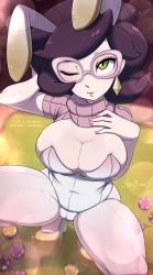 Rule 34 | 1girl, animal ears, bad id, bad pixiv id, big hair, breasts, creatures (company), detached collar, earrings, fake animal ears, from above, game freak, green eyes, hand on own chest, high heels, highres, jewelry, large breasts, leotard, medium hair, merunyaa, nail polish, nintendo, one eye closed, parted lips, pink-framed eyewear, playboy bunny, pokemon, pokemon sm, poker chip, purple hair, rabbit ears, solo, squatting, thick thighs, thighs, turtleneck, wicke (pokemon)