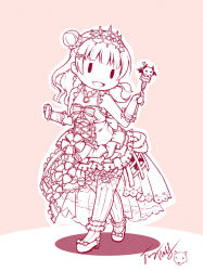 Rule 34 | 1girl, :d, bow, commentary request, dress, earrings, full body, gloves, hair bun, hair ornament, head tilt, high heels, holding, holding weapon, jewelry, langbazi, looking away, looking to the side, love live!, love live! sunshine!!, open mouth, sepia, shoes, side bun, signature, single hair bun, single side bun, sleeveless, sleeveless dress, smile, solid oval eyes, solo, standing, thighhighs, tiara, tsushima yoshiko, weapon