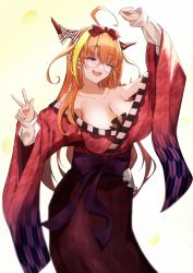 Rule 34 | 1girl, absurdres, ahoge, bare shoulders, bespectacled, blonde hair, blunt bangs, blush, bow, breasts, cleavage, collarbone, commentary request, cropped legs, diagonal-striped bow, dragon girl, dragon horns, fang, furisode, glasses, gradient background, gradient kimono, hair between eyes, hair ribbon, hands up, happy, highres, hololive, horn bow, horn ornament, horns, huge breasts, japanese clothes, kimono, kiryu coco, long hair, long sleeves, looking to the side, multicolored eyes, multicolored hair, obi, off shoulder, official alternate costume, one eye closed, open mouth, orange hair, patterned clothing, pointy ears, purple eyes, purple kimono, red eyes, red headwear, red kimono, red ribbon, ribbon, round eyewear, sash, simple background, skin fang, solo, sora shitatoge, streaked hair, striped, striped bow, v, very long hair, virtual youtuber, white background, wide sleeves, yellow background