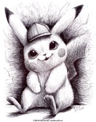 Rule 34 | 2018, absurdres, clothed pokemon, commentary, creature, creatures (company), dated, detective pikachu, detective pikachu (character), detective pikachu (movie), english commentary, full body, game freak, gen 1 pokemon, greyscale, happy, hat, highres, huge filesize, monochrome, nintendo, no humans, pikachu, pokemon, pokemon (creature), ravenevert, signature, sitting, smile, solo, traditional media, watermark, web address