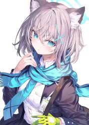 Rule 34 | 1girl, animal ear fluff, animal ears, bag, blue archive, blue eyes, blue jacket, blue necktie, blue scarf, closed mouth, cross hair ornament, fal maro, gloves, green gloves, grey hair, hair ornament, halo, highres, id card, jacket, long hair, long sleeves, looking at viewer, mismatched pupils, necktie, open clothes, open jacket, scarf, shiroko (blue archive), shirt, short hair, shoulder bag, single glove, solo, upper body, white background, white shirt