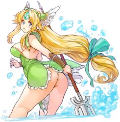 Rule 34 | 1girl, arm behind back, ass, bare legs, blonde hair, blue eyes, blush, breasts, dress, female focus, floating hair, forehead jewel, green dress, green hairband, green ribbon, hair ribbon, hairband, headgear, helmet, highres, holding, holding trident, holding weapon, jewelry, large breasts, legs, long hair, looking at viewer, looking back, low-tied long hair, open mouth, panties, pantyshot, polearm, ribbon, riesz, sachito, seiken densetsu, seiken densetsu 3, short dress, sidelocks, simple background, solo, splashing, standing, strapless, strapless dress, trident, underwear, very long hair, wading, water, weapon, white background, winged helmet