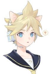 Rule 34 | 1boy, ?, animal ears, bass clef, black collar, blonde hair, blue eyes, cat day, cat ears, collar, commentary, cropped shoulders, headphones, headset, kagamine len, kemonomimi mode, looking at viewer, male focus, naoko (naonocoto), parted lips, sailor collar, simple background, solo, speech bubble, spiked hair, spoken question mark, upper body, vocaloid, white background