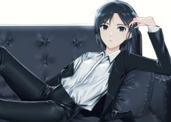 Rule 34 | 10s, 1girl, antenna hair, bad id, bad pixiv id, black eyes, black hair, couch, dress shirt, formal, hachiware, hand in own hair, idolmaster, idolmaster (classic), idolmaster 2, kikuchi makoto, long sleeves, looking at viewer, off shoulder, parted lips, reverse trap, shirt, short hair, simple background, sitting, solo, suit, white background