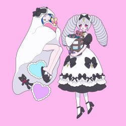 Rule 34 | 2girls, :o, amou june, basket, black choker, black dress, black footwear, blue hair, bow, choker, closed eyes, cross, cross choker, dress, drill hair, full body, ghost costume, grey hair, hair bow, high heels, highres, holding, holding basket, long hair, looking at another, multiple girls, nyaasechan, open mouth, pink background, pretty rhythm, pretty rhythm rainbow live, pretty series, rinne (pretty rhythm), sheet ghost, short hair, simple background, slippers, standing, stuffed animal, stuffed cat, stuffed toy, teddy bear, twin drills, twintails