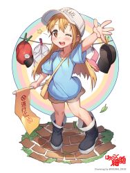 Rule 34 | 10s, 1girl, bag, black footwear, blue shirt, blush, brown eyes, brown hair, character name, child, clothes writing, clothesline, flag, flat cap, grey shorts, hat, hataraku saibou, holding, holding flag, long hair, looking at viewer, open mouth, platelet (hataraku saibou), shirt, short sleeves, shorts, shoulder bag, sigma 2018, smile, solo, teeth, upper teeth only, white hat