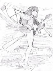 Rule 34 | 1girl, bikini, bikini under clothes, bob cut, bow, bow bikini, breasts, carrying over shoulder, closed mouth, commentary, girls und panzer, girls und panzer senshadou daisakusen!, graphite (medium), greyscale, highres, holding, holding behind back, hoshino (girls und panzer), jacket, kayak, lace, lace-trimmed bikini, lace trim, long sleeves, looking at viewer, makicha (sasurainopink), medium breasts, monochrome, navel, no pants, oar, open clothes, open jacket, outdoors, short hair, sketch, smile, solo, standing, stream, striped bikini, striped clothes, swimsuit, traditional media, vertical-striped bikini, vertical-striped clothes