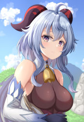 Rule 34 | 1girl, ahoge, bare shoulders, bell, blue gloves, blue hair, blue sky, blush, bodystocking, breasts, cloud, day, detached sleeves, ganyu (genshin impact), genshin impact, gloves, highres, horns, kidukatakio, long hair, looking at viewer, medium breasts, neck bell, outdoors, purple eyes, sidelocks, sky, solo, upper body, white sleeves