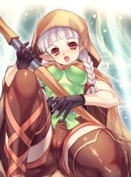 Rule 34 | 1girl, belt, blush, boots, bow (weapon), braid, breasts, brown thighhighs, covered erect nipples, dragon&#039;s crown, elf, elf (dragon&#039;s crown), gloves, highres, hood, ishida hiroyuki, legs, open mouth, pointy ears, red eyes, shiny clothes, shiny skin, shorts, sitting, solo, thick thighs, thigh boots, thighhighs, thighs, twin braids, vanillaware, weapon, white hair