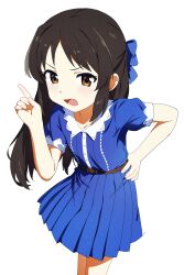 Rule 34 | 1girl, absurdres, belt, blue bow, blue dress, bow, brown belt, brown eyes, brown hair, buttons, child, collar, commentary, cowboy shot, dress, flat chest, hair bow, hand on own hip, hand up, highres, idolmaster, idolmaster cinderella girls, idolmaster cinderella girls u149, index finger raised, jiryu50610218, light blush, long hair, looking at viewer, open mouth, pleated skirt, short sleeves, sidelocks, skirt, solo, tachibana arisu, v-shaped eyebrows, white background, white collar