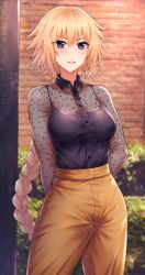 Rule 34 | 1girl, absurdres, alternate costume, arms behind back, blonde hair, blue eyes, blush, braid, breasts, clothes tucked in, collared shirt, commentary request, cowboy shot, dress shirt, fate/grand order, fate (series), high-waist pants, highres, hua-j, jeanne d&#039;arc (fate), jeanne d&#039;arc (ruler) (fate), large breasts, long braid, long hair, long sleeves, looking at viewer, outdoors, pants, purple eyes, see-through, see-through shirt, see-through sleeves, shirt, shirt tucked in, single braid, smile, solo, standing, stone wall, teeth, very long hair, wall