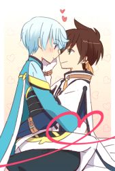 Rule 34 | 10s, 2boys, bad id, bad pixiv id, bishounen, blue hair, blush, brown hair, green eyes, hand on another&#039;s face, male focus, mikleo (tales), moichobi, multiple boys, on lap, short hair, sorey (tales), tales of (series), tales of zestiria, yaoi