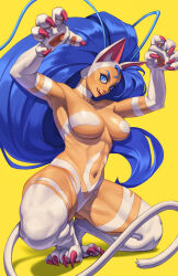 Rule 34 | 1girl, animal ears, armpits, arms up, blue eyes, blue hair, breasts, capcom, cat ears, cat girl, cat tail, cleavage, felicia (vampire), highres, large breasts, legs, licking lips, looking at viewer, navel, pink lips, smile, squatting, tail, thick thighs, thighs, toned, tongue, tongue out, vampire (game)