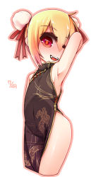 Rule 34 | 1girl, ;d, alternate costume, arm up, armpits, blonde hair, blush, bun cover, china dress, chinese clothes, double bun, dress, fang, looking at viewer, one eye closed, open mouth, red eyes, rumia, shamo (koumakantv), short hair, simple background, smile, solo, touhou, white background